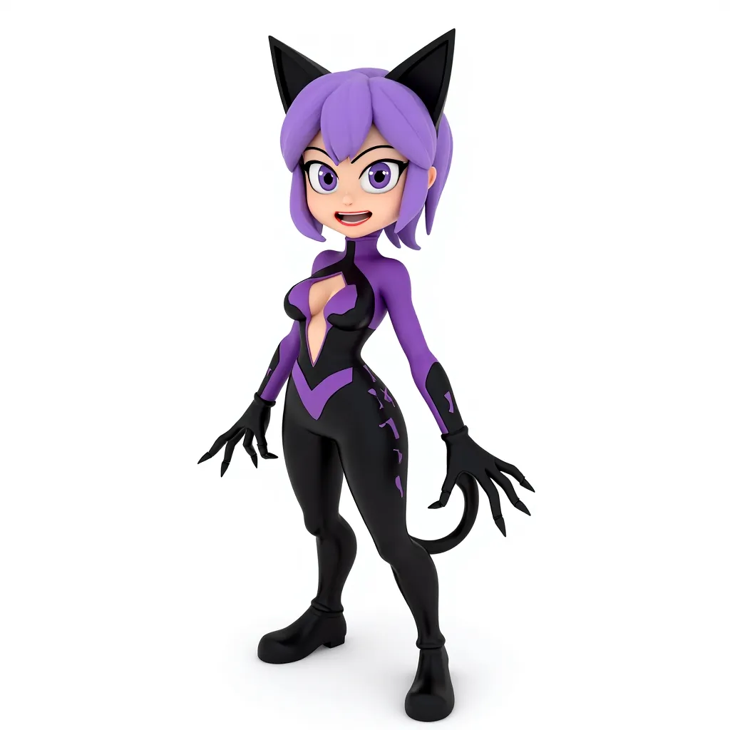 The image is a 3D rendering of a female character with purple hair and cat ears. She is wearing a purple and black cat suit with a high neckline and long sleeves. The suit has a unique design with a cut-out design on the chest and back, and the cat ears are pointed and pointed at the top. The woman has a fierce expression on her face and is standing with her arms stretched out to the sides, as if she is ready to take on any challenge. She has long, pointed claws on her hands and is wearing black gloves. The background is plain white.
