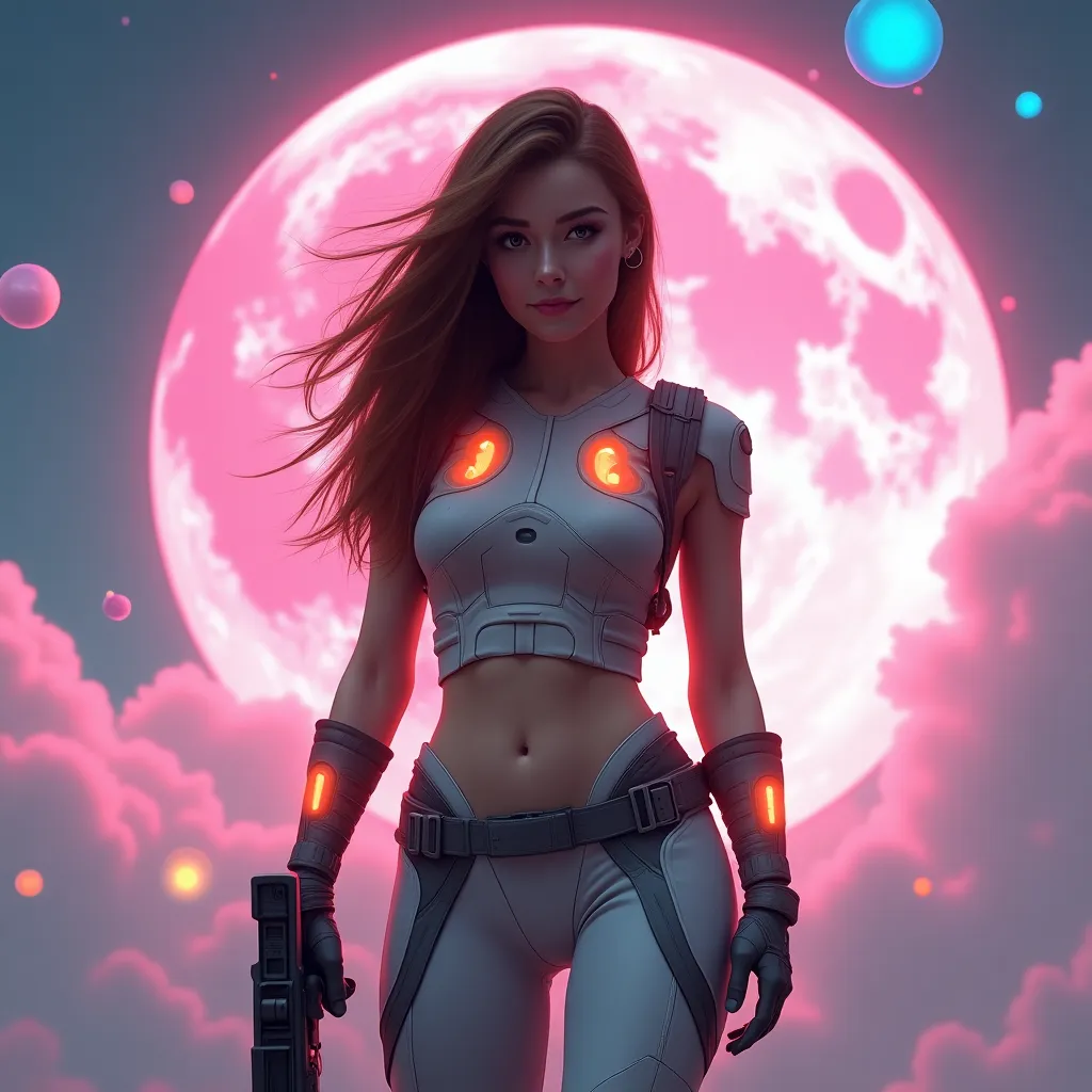 The image shows a young woman standing in front of a pink moon. She is wearing a futuristic-looking outfit with orange and blue accents on her chest and arms. She has long brown hair and is holding a gun in her right hand. The sky is filled with clouds and there are several colorful spheres floating around her. The overall mood of the image is futuristic and sci-fi.