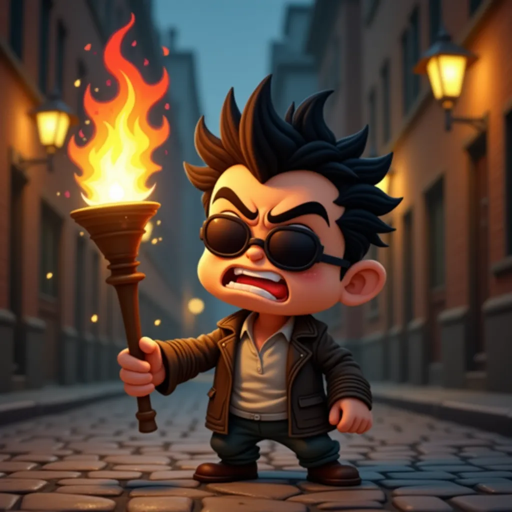 The image shows a cartoon character with black hair and sunglasses, holding a torch in his right hand. He is standing on a cobblestone street with buildings and street lamps in the background. The character appears to be angry or frustrated, with his mouth open and his eyes wide open. The torch is burning brightly, with orange and yellow flames coming out of it. The overall mood of the image is chaotic and intense.