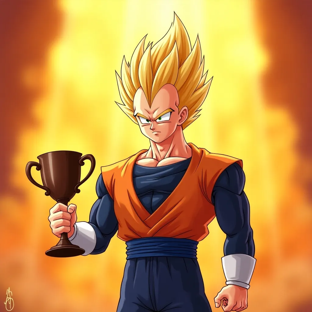 The image is a digital illustration of the character Vegeta from the popular anime series Dragon Ball Z. Vegeta is shown holding a trophy in his right hand and has a determined expression on his face. He is wearing his signature orange and blue gi with a blue belt around his waist. His hair is spiky and golden, and his eyes are focused on something in the distance. The background is a fiery orange and yellow, with rays of light shining down on Vegeta. The overall mood of the image is triumphant and triumphant.