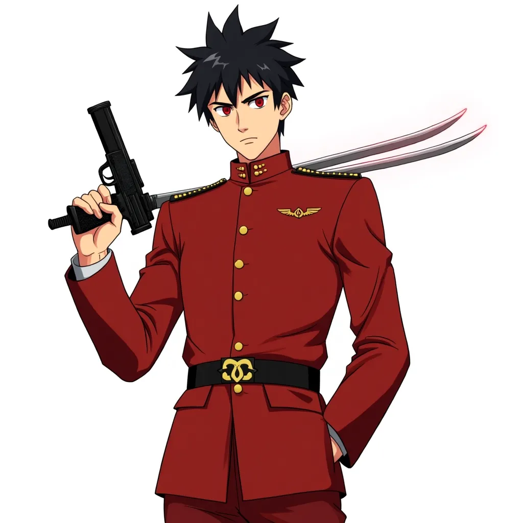 The image is a digital illustration of a young man in a red military uniform. He is holding a gun in his right hand and two swords in his left hand. The man has spiky black hair and red eyes, and is wearing a black belt with a gold emblem on it. He has a serious expression on his face and is looking directly at the camera. The background is white, and there is a red laser beam coming from the gun. The overall style of the illustration is anime-style.