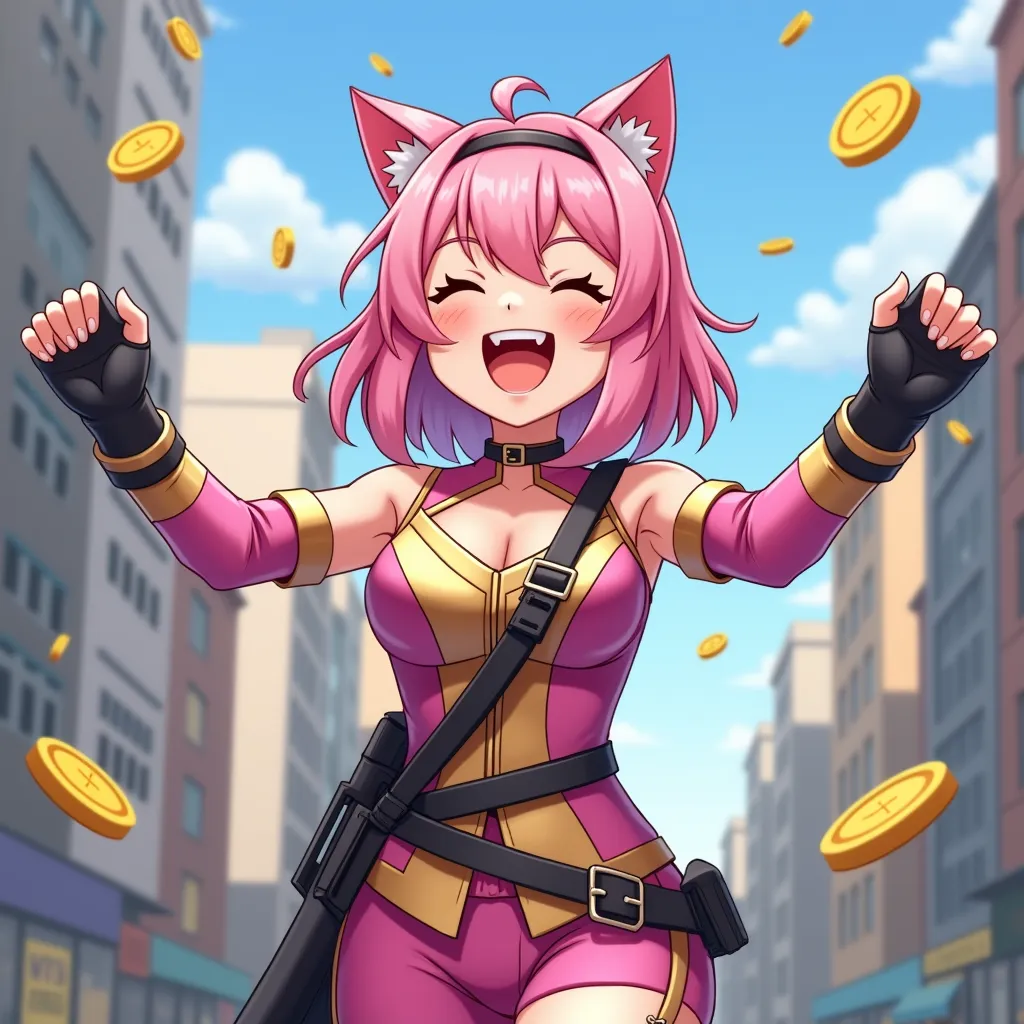 The image shows a young woman with pink hair and cat ears on her head, standing in a city street with buildings in the background. She is wearing a pink and gold outfit with a black belt and has a gun strapped to her waist. The woman is smiling and has her arms raised in the air, as if she is celebrating or cheering. There are gold coins flying around her, indicating that she has won a prize. The sky is blue and there are a few clouds in the sky. The overall mood of the image is cheerful and triumphant.